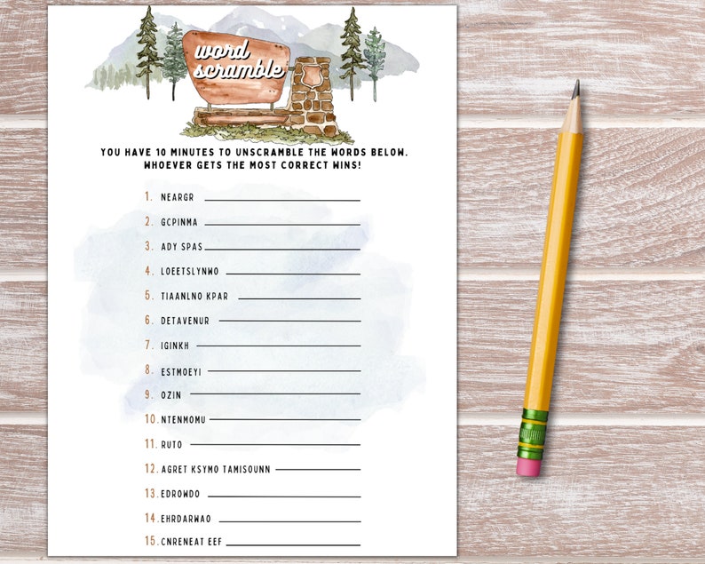 May include: A printable word scramble game with a watercolor illustration of a mountain scene and a wooden sign that says "word scramble". The game includes 15 words to unscramble.