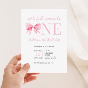 Girls Just Wanna Be One Birthday Invite Pink Bow 1st Birthday Invitation Template Whimsical Girl First Birthday Party Coquette Birthday Idea