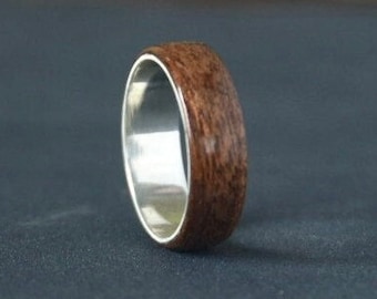 Mahogany Wooden Ring with Silver Core - Handmade Bentwood Ring - Wood and Metal Ring - Wood Wedding Band - Wood Ring Men