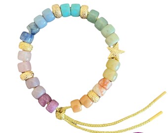 Multi color natural big stone tie on pony bead bracelet with goldstone florentine finish star and rondelles on lurex cord