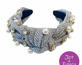 Gray plaid jeweled embellished jeweled knotted headband