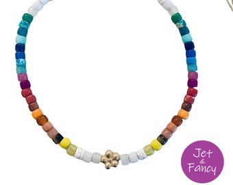 Multi color natural big stone tie on pony bead choker necklace