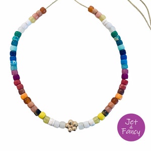 Multi color natural big stone tie on pony bead choker necklace