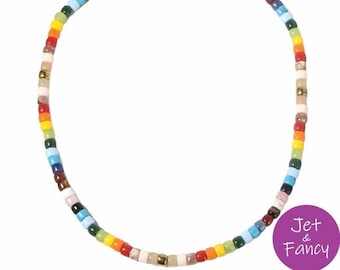 Multi color natural big stone tie on pony bead choker necklace