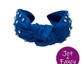Blue vegan leather jeweled embellished  knotted headband