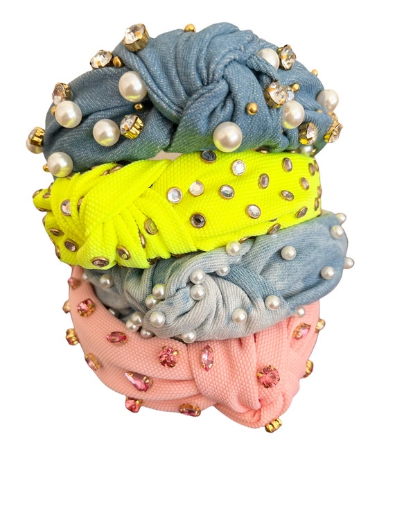 ?NEON HIGHLIGHTER YELLOW TURBAN KNOTTED HEADBAND WITH GOLD PLATED CRYSTALS Amazon.com : Atoden Yellow Knotted Rhinestone Headband  main image 3