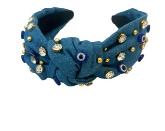 Denim evil eye embellished knotted headband