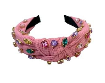 Pink multi color embellished knotted headband