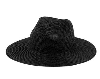 Women’s black metallic fedora hat, vacation sun hat