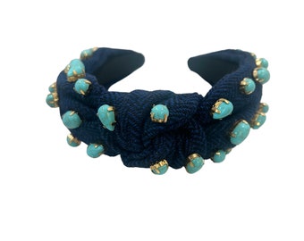 Blue plaid turquoise jeweled embellished knotted headband