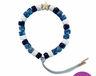 Multi color natural big stone tie on pony bead bracelet with goldtone star