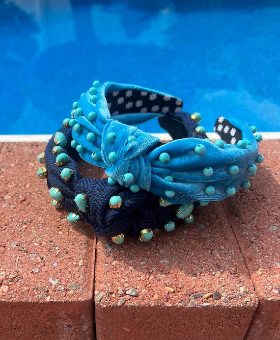 Turquoise Velvet Embellished Knotted Headband - Etsy