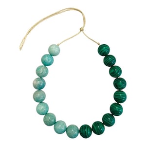 May include: A necklace featuring alternating beads of turquoise and malachite. The turquoise beads have a speckled appearance, while the malachite beads display a distinctive green, swirled pattern. The necklace is strung on a beige cord.
