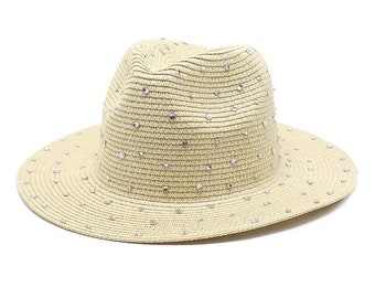 Dames strass strohoed, strass stro vakantiehoed, verfraaide dameshoed, beige strohoed, dames fedora hoed