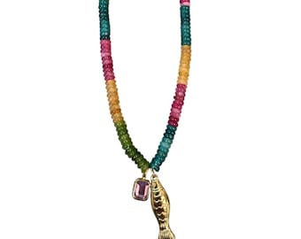 Natural stone shades of tourmaline rondellle shape adjustable necklace with pink bezel cz and gold tone fish charm