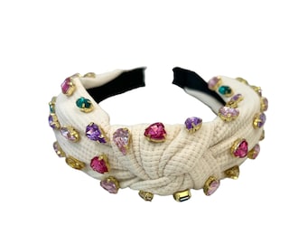 Crème multi color embellished knotted headband