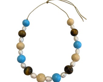 Natural stone sphere necklace and fresh water pearl necklace  In a set of color combination