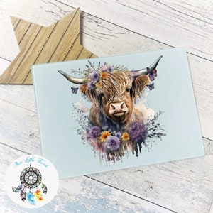 Personalised highland cow glass chopping board/ gift/ Present/