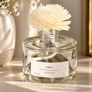 May include: A clear glass reed diffuser bottle with a white wick and a large, cream-coloured wooden flower topper. The label reads Alien, Made With Luxury Fragrance, KANELERY, EST 2021, and 200ml. The bottle has a cylindrical shape and sits upright.