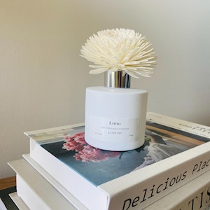 May include: White diffuser bottle with a silver collar and a cream-coloured flower-shaped top. The bottle has a label that reads "Luna" and "KANDLERY". The diffuser sits on top of a stack of books with floral and text designs.