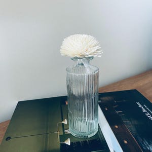 May include: A clear glass vase with vertical ribbed detailing, topped with a white, spherical decorative element. The vase sits on a dark surface, with a book visible in the background. The vase is approximately 20 cm tall.