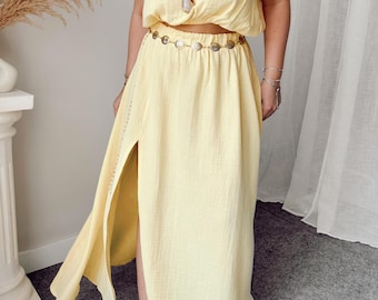 Organic Cotton Muslin Set | Sleeveless Crop Top, High Slit Maxi Skirt