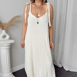 Boho Crinkle Cotton Maxi Dress – Off White Tie Strap Summer Dress – Handmade Natural Fabric Vacation Dress