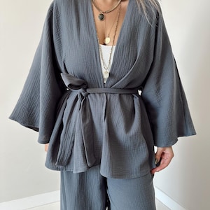 Boho Muslin Kimono | Loose Fit Tie-Waist Sustainable Summer Jacket | Natural Cotton Outerwear Beach Cover-Up Breathable Cotton Cardigan