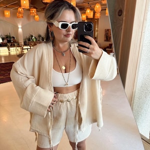 Bohemian Muslin Kimono, Lightweight Summer Cardigan, Versatile Beach Cover Up Unisex Loose Relaxed Fit Jacket Double Layered Kimono