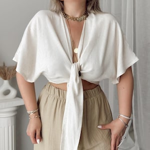 Linen wrap top, Linnen wrap blouse. Linen kimono top. Linen wrap crop top. Wrapped V-neck blouse. Linen wear.Boho wrap top.Resort wear.