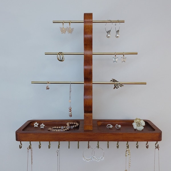 Jewelry Organizer, Wall Mount floating Jewelry Holder, Hardwood, Necklace Organizer, Earring Holder, Ring Holder, Mothers Day Gift