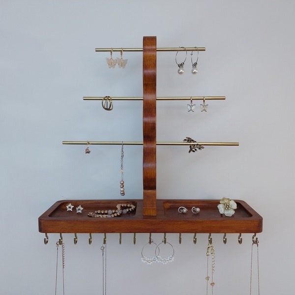 Jewelry Organizer, Wall Mount floating Jewelry Holder, Solid Hardwood,Necklace Organizer, Earring Holder, Ring Holder, jewelry stand