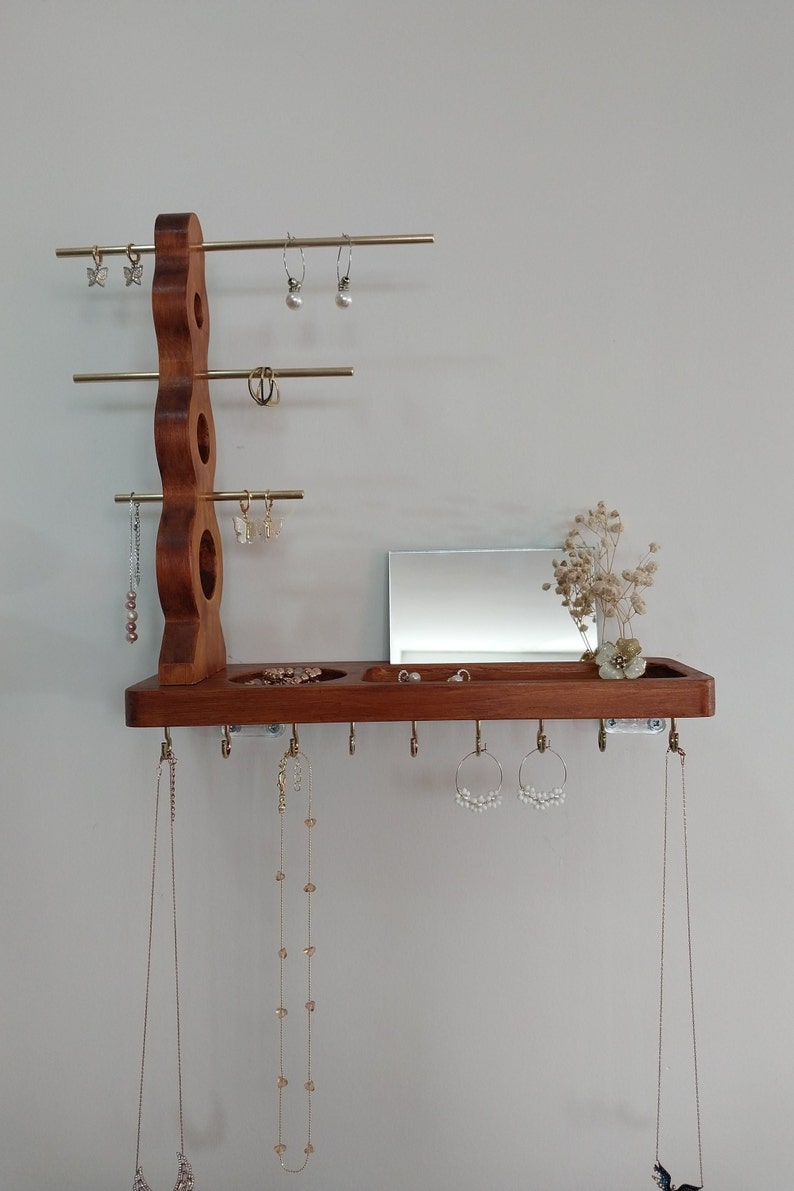 Jewelry Organizer, Wall Mount floating Jewelry Holder, Hardwood, Necklace Organizer, Earring Holder, Ring Holder, Mothers Day Gift Deep Brown