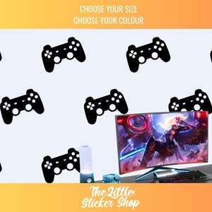 May include: A gaming setup with a curved monitor showing a video game scene, a keyboard, and a computer tower with colourful lights. Black controller graphics are scattered across a light background. Text reads "CHOOSE YOUR SIZE" and "CHOOSE YOUR COLOUR".