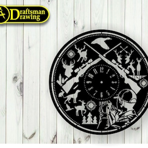 May include: Black and white clock with a hunting theme. The clock face features a hunter with a rifle, a deer, a bird, and a target. The clock hands are black and white.
