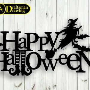 May include: Black metal silhouette of a witch flying with a broom, with the words "Happy Halloween" in a decorative font. The witch is wearing a pointed hat and has a long flowing cape. The silhouette is set against a white wood background.