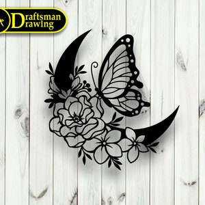 May include: Black and white silhouette of a crescent moon with a butterfly and floral design.
