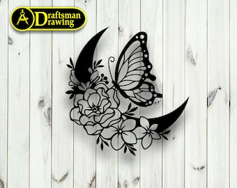 Art mural floral papillon lune, fichier vectoriel CNC découpé au laser (téléchargement numérique)