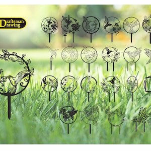 Humming Bird  Garden Stakes (22 pcs)  High Quality vector drawing file for laser cutting , plasma cutting ( dxf , dwg , cdr , svg )