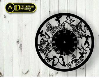 Butterfly Wall Clock vector drawing file for laser cutting , plasma cutting( dxf , dwg , cdr , svg )Metalic & Wood CNC machine!