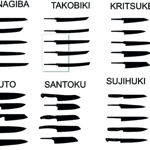 Fichier 100 en 1. Couteaux de chef japonais  ébauches fichier de dessin pour la découpe laser, découpe plasma (dxf, dwg, svg, ai, cdr).