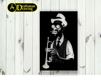トランペット奏者の壁アート装飾ベクター描画ファイル、レーザーカット