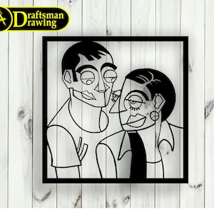 Puede incluir: Ilustración en blanco y negro de línea de arte de dos personas con rasgos exagerados. Las personas se miran y sonríen. La ilustración se coloca sobre un fondo de madera blanca.