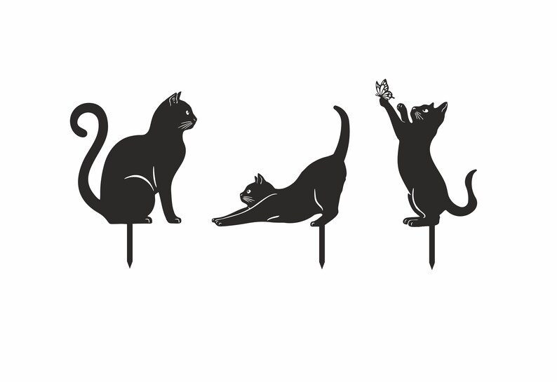 May include: Set of three black metal cat garden stakes. One cat is sitting, another stretching, and the third is reaching for a butterfly. Each stake has a pointed end for easy placement in the garden.