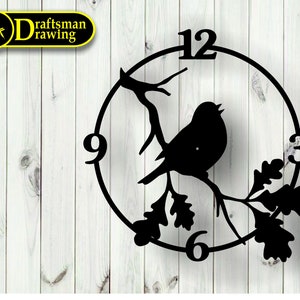 May include: Black metal wall clock featuring a bird perched on a branch with oak leaves. The clock face displays Roman numerals for the hours.