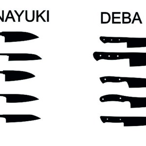 May include: A comparison of two types of Japanese knives: Funayuki and Deba. The Funayuki knives have a curved blade, while the Deba knives have a straight blade.