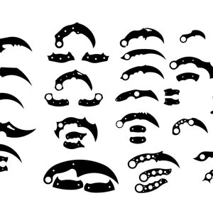 May include: A collection of 20 black and white illustrations of different types of karambit knives. The knives are all in a similar style, with a curved blade and a finger ring.
