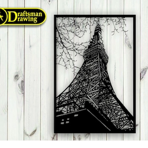 Peut inclure: Silhouette noire et blanche d'une haute tour avec un motif en treillis, sur fond de branches d'arbres nues. La tour est encadrée par un carré noir.