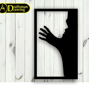 May include: Black silhouette of a person's face and hand reaching out from a square frame. The image is set against a white woodgrain background.