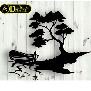 Boat and Tree Wall art  Decor vector file for laser cutting , plasma cutting  ( dxf , dwg , cdr , svg )    Metalic & Wood CNC machine!